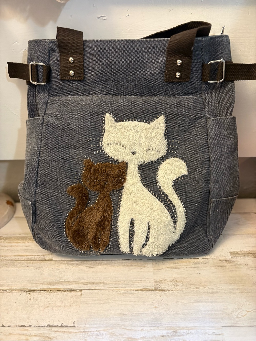Embroidered Cat Duo Gray Canvas Tote